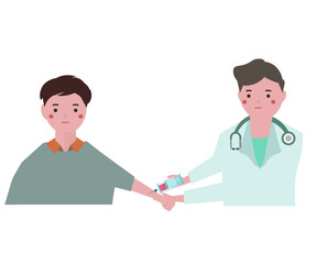注射をするナースの男性と患者。ベクターイラスト