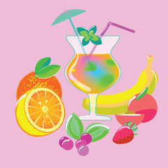 A cocktail with fresh fruits, a brightness poster for your cocktail party or cocktail bar, еlectric colors.