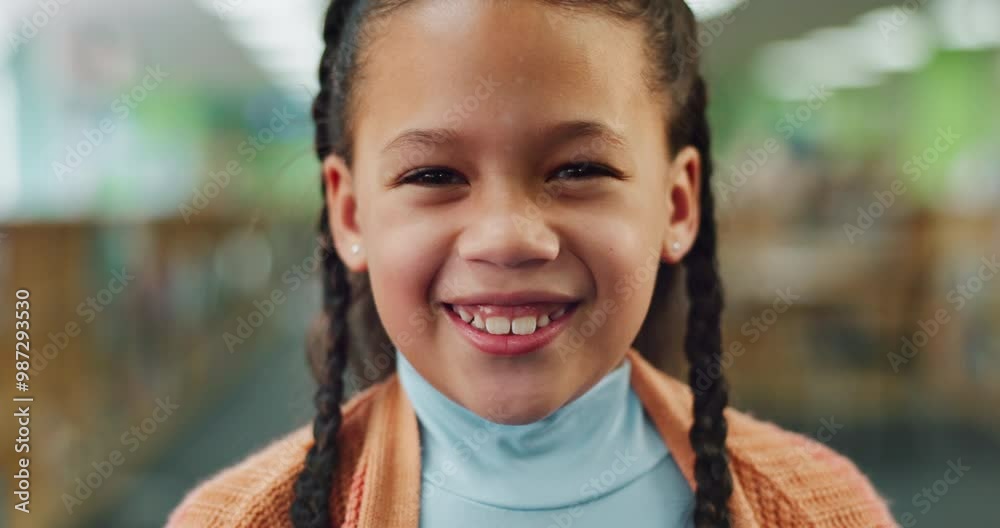 Poster girl, child and happy with face for education by elementary for learning, knowledge and growth or de