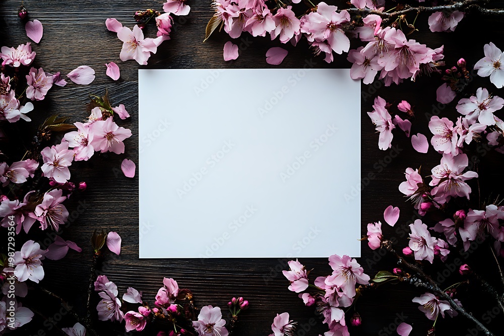 Wall mural a mockup of two blank white a4 cards lying on top, surrounded by cherry blossoms and petals scattere