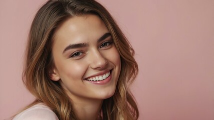 Naklejka premium teenage white woman on pastel pink background model close-up smiling with beautiful teeth for ad concept space for text