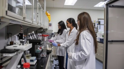 Fototapeta premium Group of researchers conducting experiments in a laboratory. Ideal for illustrating teamwork in science, healthcare advancements, and detailed laboratory studies.