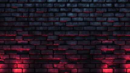 Moody black brick wall with red neon light glow. Dark industrial texture perfect for edgy designs, cyberpunk aesthetics, and futuristic backdrops.