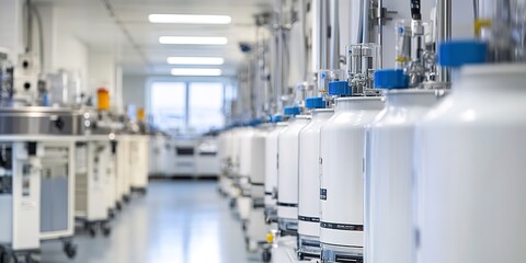 A row of large, advanced bioreactors in a high-tech laboratory, showcasing cutting-edge biotechnology research and development, with a focus on precision engineering 