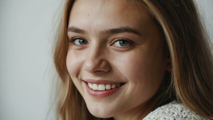 Naklejka premium teenage finnougric woman on white background model close-up smiling with beautiful teeth for ad concept space for text