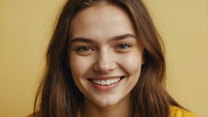 Naklejka premium teenage finnougric woman on pastel yellow background model close-up smiling with beautiful teeth for ad concept space for text