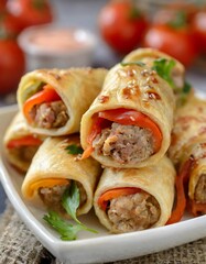 Savoury Appetizer Rolls Stuffed with Ground Meat, Bell Peppers, Tomatoes, and Onions
