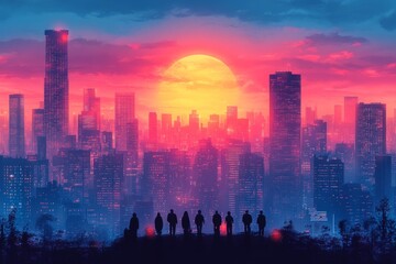 Fototapeta premium A cityscape at sunset, with tall buildings. Generative AI