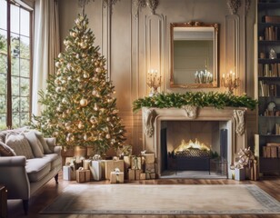 Gem&uuml;tliches Wohnzimmer mit Kamin, Weihnachtsbaum und Geschenken &ndash; Perfekte festliche Weihnachtsstimmung