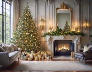 Gemütliches Wohnzimmer mit Kamin, Weihnachtsbaum und Geschenken – Perfekte festliche Weihnachtsstimmung