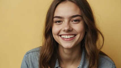 Naklejka premium teenage european woman on pastel yellow background model close-up smiling with beautiful teeth for ad concept space for text