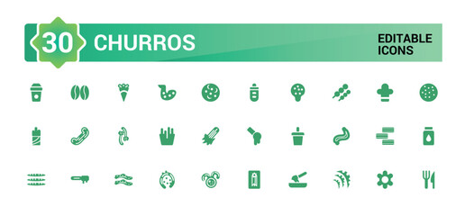 Churros icons set. Mexican chocolate. Churro food Filled icon set, glyph collection for web and ui. Solid icons Vector illustration.