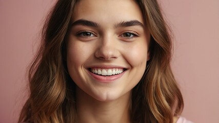 Naklejka premium teenage caucasian woman on pastel pink background model close-up smiling with beautiful teeth for ad concept space for text