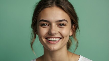 Fototapeta premium teenage caucasian woman on pastel green background model close-up smiling with beautiful teeth for ad concept space for text
