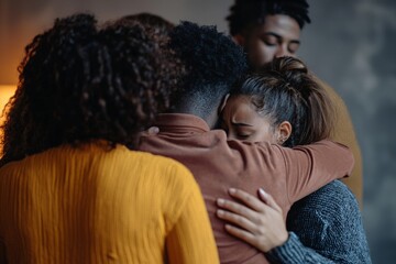 A group of people embracing at the end of a support group meeting, symbolizing the strength and connection found in community