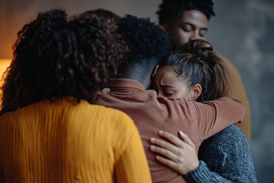 A group of people embracing at the end of a support group meeting, symbolizing the strength and connection found in community