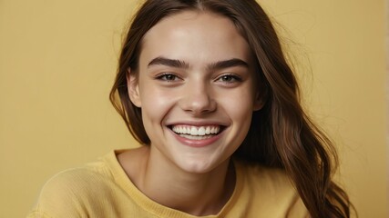 Naklejka premium teenage american woman on pastel yellow background model close-up smiling with beautiful teeth for ad concept space for text
