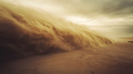 A massive sandstorm in the desert, with swirling clouds of dust and debris engulfing everything around it