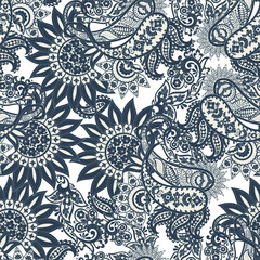 Paisley vector seamless pattern. Fantastic flower, leaves. Textile bohemian print. Batik painting. Vintage