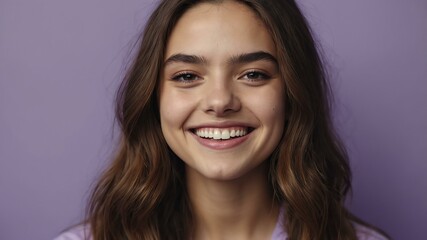 Naklejka premium teenage american woman on pastel purple background model close-up smiling with beautiful teeth for ad concept space for text