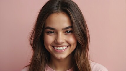 Fototapeta premium teenage american woman on pastel pink background model close-up smiling with beautiful teeth for ad concept space for text