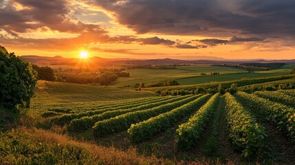 Fototapeta premium A beautiful sunset over a field of grape vines