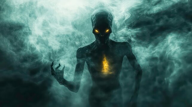 A dark, shadowy figure with glowing eyes emerges from a thick fog.