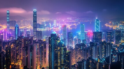 Fototapeta premium A city skyline at night with neon lights