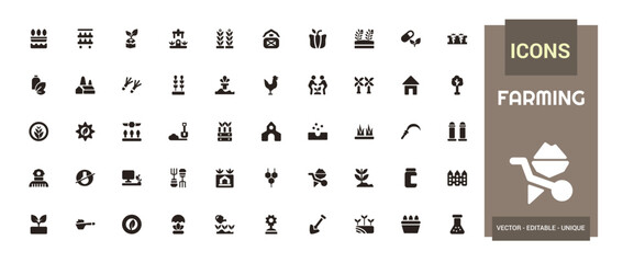 Farming solid icons set. Related to wheelbarrow, rake, shovel, glyph collection for web and ui. Filled icon pack. Vector illustration.