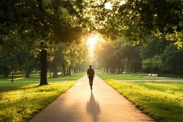 Fototapeta premium Serene Lunch Break Stroll: Employee Relaxing in Vibrant Park, Work Stress Reduction Techniques