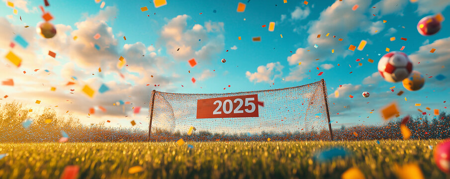 Goalposts in a field with 2025 on them, surrounded by celebratory confetti and growth themed decorations