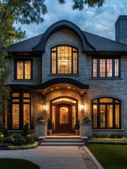 A large house with a black roof and a black door