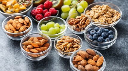 A collection of healthy snacks including nuts, seeds, and fresh fruits, providing a quick and nutritious option throughout the day