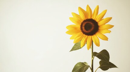 Obraz premium A single sunflower with green leaves on a white background.