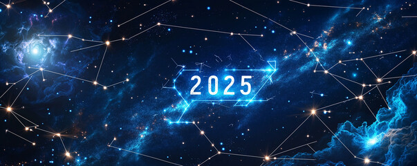 Starry sky with constellations forming the year 2025 and goal related symbols