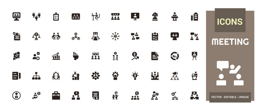 Meeting icons set. Solid set of online meeting vector icons for ui design. Glyph icon for web and ui. Filled icon set. Vector illustration.