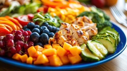 A colorful plate filled with fresh, healthy food options, showcasing a balanced combination of fruits, vegetables, and lean proteins