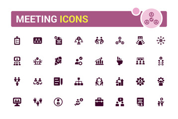 Meeting icons set. Solid set of online meeting vector icons for ui design. Glyph icon for web and ui. Filled icon set. Vector illustration.