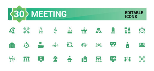 Meeting icons set. Solid set of online meeting vector icons for ui design. Glyph icon for web and ui. Filled icon set. Vector illustration.