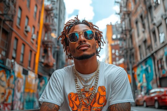 A young guy rocking a graphic T-shirt and chains, sitting on a city bench, surrounded by tall buildings. Generative AI