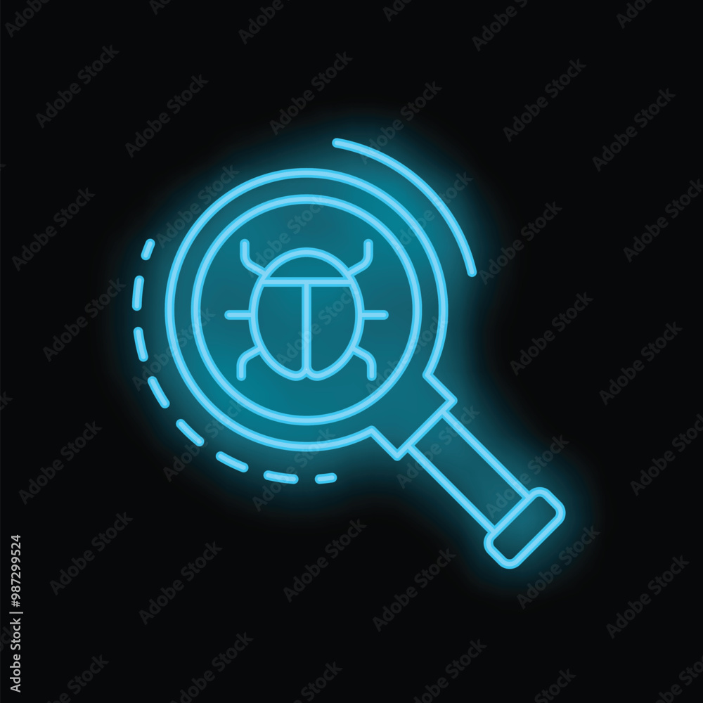 Poster blue neon icon of magnifying glass searching for computer bug representing debugging process