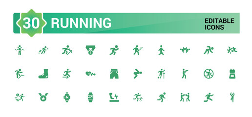 Running icons set. Solid set of running vector icons for ui design. Filled symbol collection. Vector illustration.