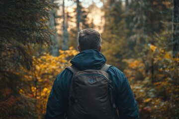 Plus-Size Man Finding Inner Peace: Walking Through Tranquil Forest Oasis in Nature's Embrace
