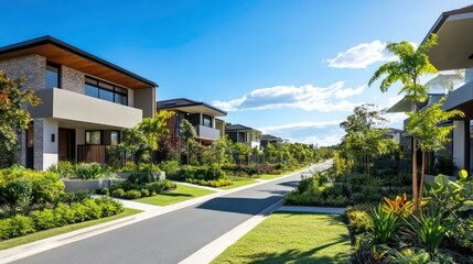 Naklejka premium A suburban street lined with modern homes, showcasing manicured lawns and lush landscaping under a bright blue sky.
