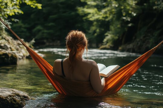 Serene Relaxation: Plus-Size Woman Reading a Book in Hammock by Riverside Amidst Nature Escape