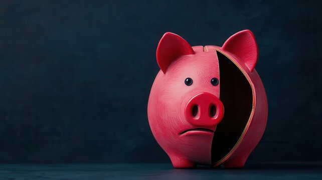 A piggy bank with a split, revealing a sad interior, symbolizes financial distress or emptiness in savings.