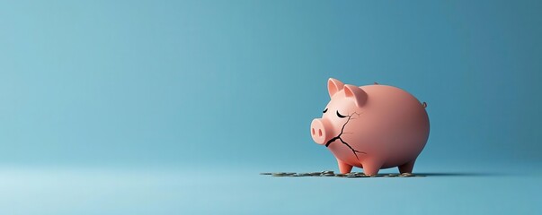 A sad piggy bank stands alone, symbolizing financial loss or disappointment against a light blue backdrop, evoking feelings of concern about savings.