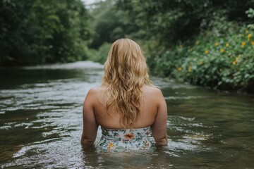 Fototapeta premium Serene Retreat: Plus-Size Woman Reconnecting with Nature, Wading in Calm River