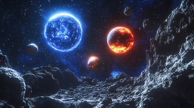 Generative AI, Cinematic View of Alien Planets and Twin Suns