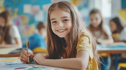 A young girl smiles as she colors in a classroom setting.
